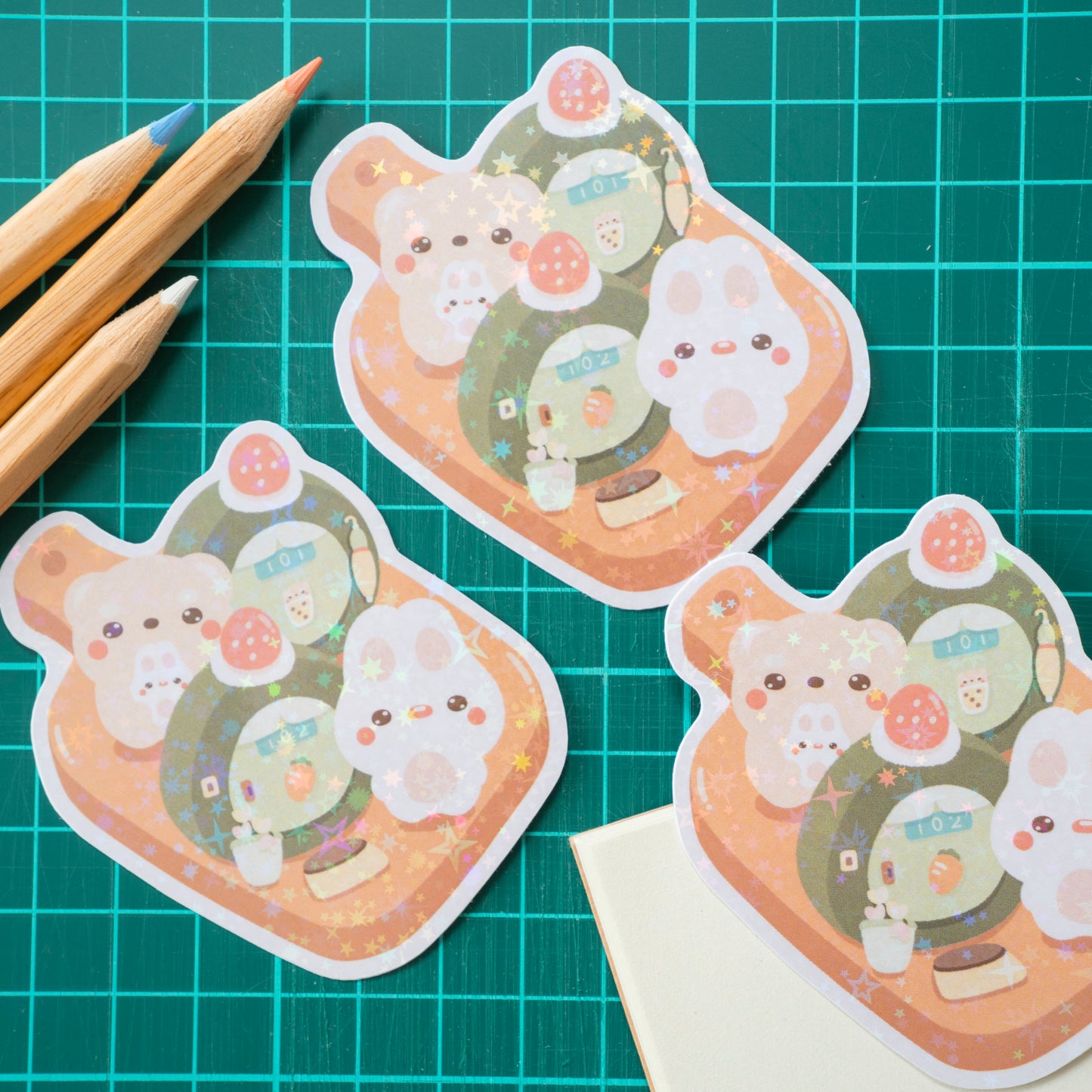 Mochi Bun & Bear's Matcha Cake Roll House Holo Vinyl Sticker